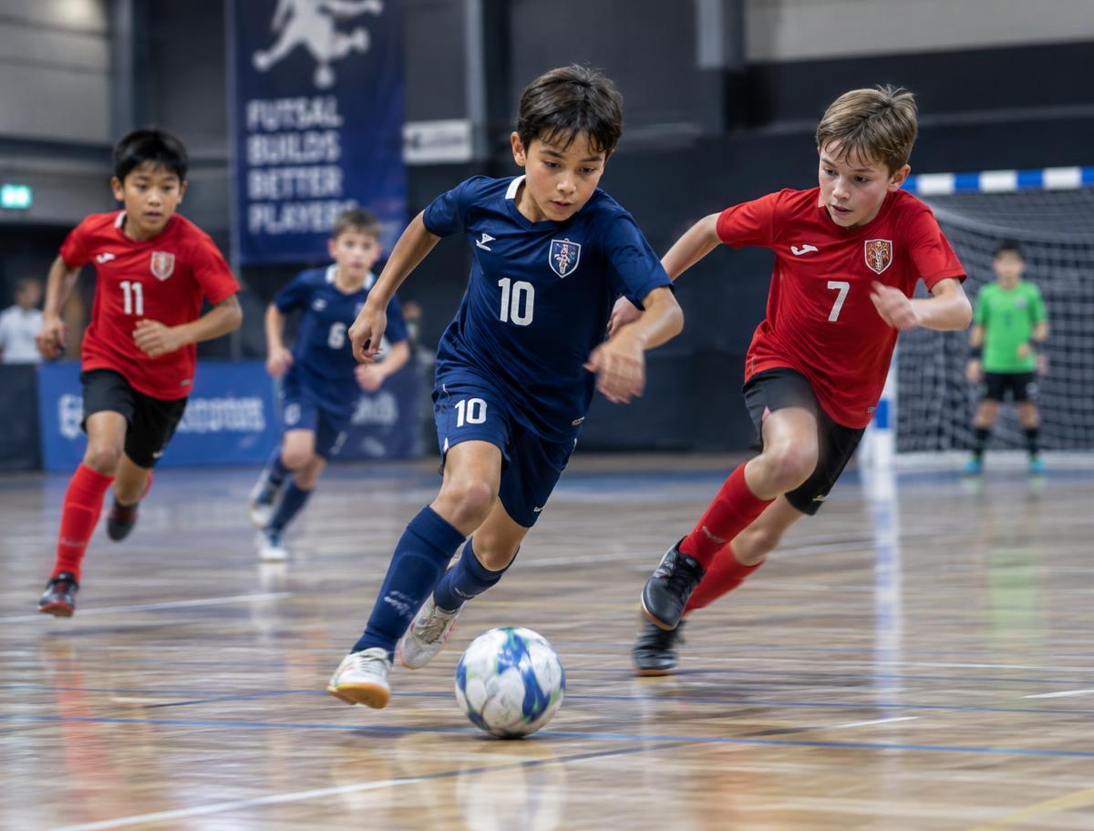 Young players competing for the ball in a futsal game
